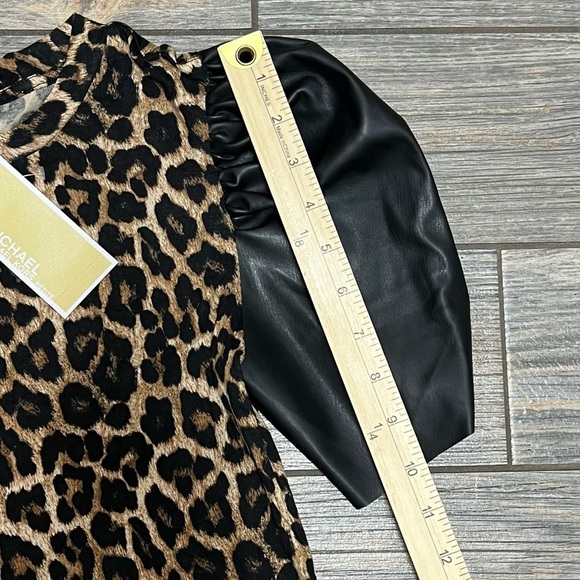NWT Michael Kors Leopard Print Vegan Faux Leather Sleeve Top Shirt P/S Small - Picture 9 of 14